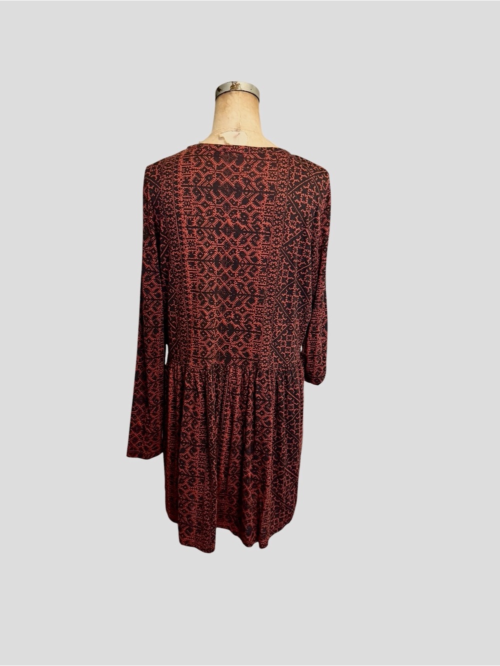 Peruvian Connection Tangier Fretwork Burgundy Long-Sleeve Tunic Dress M Boho EUC - Picture 3 of 8